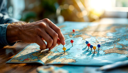 Obraz premium A hand places a red push pin on a world map. The image symbolizes travel planning and adventure.