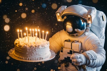 A reflective astronaut holding a lit birthday cake in space, surrounded by glowing stars