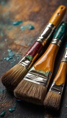 Fototapeta premium Paintbrushes on textured background with blue and white paint strokes