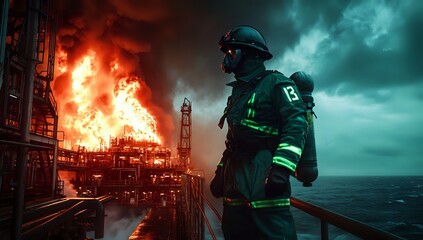 Fototapeta premium Firefighter on an offshore oil rig platform, looking out at the sea as flames erupt behind him.
