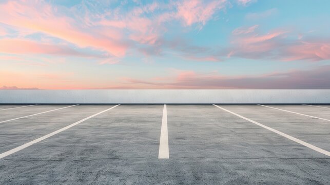 Vast Urban Canvas, a spacious parking lot under an expansive sky, minimalist design invites creativity, open area conveys solitude and potential in an urban landscape