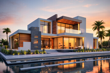 Obraz premium Modern luxury two-story villa with pool at sunset
