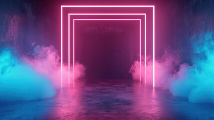 Fototapeta premium Neon Dreamscape, a darkened space illuminated by vibrant blue and pink smoke, where glowing neon lights create a mystical, futuristic atmosphere full of intrigue and wonder.
