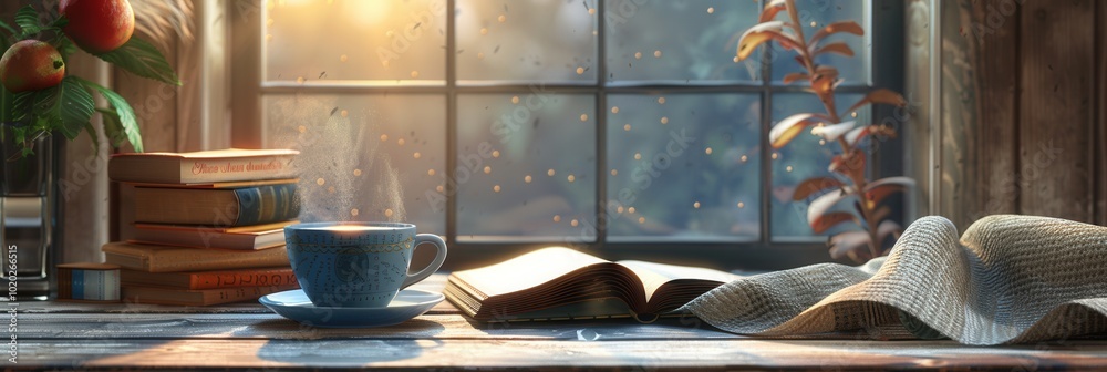 Poster an inviting atmosphere showcasing a steaming cup of coffee, open book, and books stacked near a wind