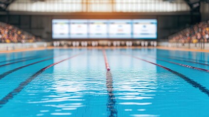 Vibrant Swim Meet Scene, a bustling sports venue featuring a swimming pool surrounded by vacant advertising boards and a blurred audience, capturing the excitement of competition.