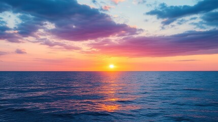 Fototapeta premium Vibrant Summer Sunset Over Tranquil Ocean, a serene scene capturing the beauty of dusk with an expansive area for personalized messages or reflections