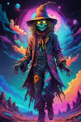 Fototapeta premium Scary scarecrow wearing wizard hat walking in psychedelic desert under the moon