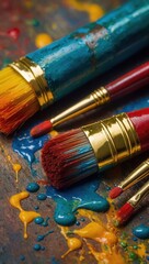 Close-up of various art supplies, focusing on paintbrushes and their details