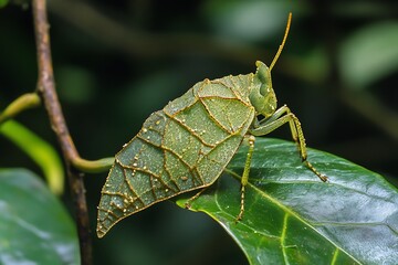 A green leaf insect blending into foliage, showcasing its camouflage.