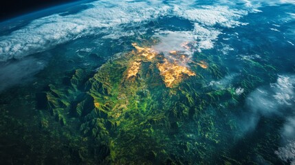 Aerial View of a Mountain Range with a Glowing Center