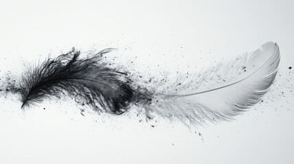 Fototapeta premium Two Feathers in Flight, One Black, One White, Exploding into Dust