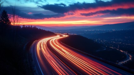 A winding highway with blurred lights from speeding cars at sunset.