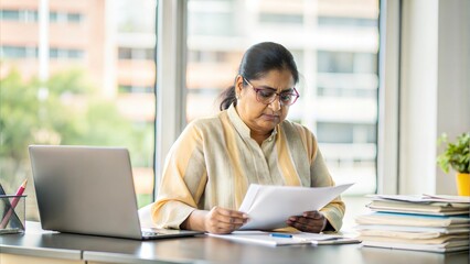 Cropped portrait of an India teacher working on desk while check answer paper, stack of paper