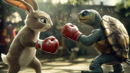 Fototapeta premium A lively boxing match between a rabbit and a turtle, bringing to life their classic rivalry in a fun and imaginative way