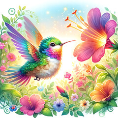 Little bird Hummingbird close-up with a flowers painted on a light background abstract decorative painting