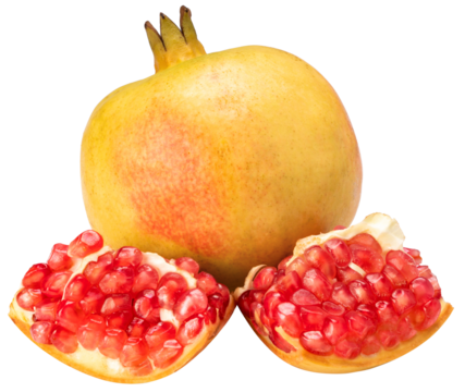 Yellow Pomegranate with red seed on white background, Pomegranate with slices isolate on white PNG File.
