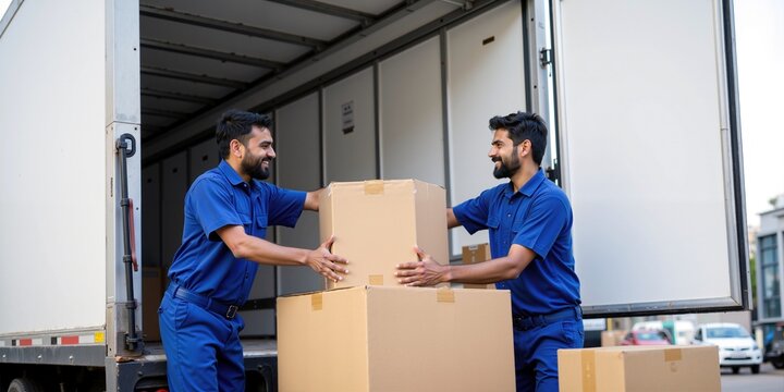 Two Male Indian Delivery Workers Loading Heavy Boxes into a Delivery Truck