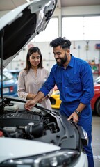 Fototapeta premium Indian Mechanic Explaining Car Repair Process to Female Customer at Garage Workshop