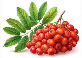 vibrant illustration of mountain ash berries with lush green leaves, showcasing rich colors and details of natures bounty. This artwork captures essence of autumn and beauty of these berries