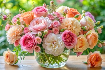 Blooming roses and carnations, elegant and serene afternoon flower arrangement art.
