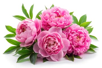 Fototapeta premium Fresh pink peony flowers with green leaves, cut out on white