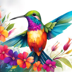 Little bird Hummingbird close-up with a flowers painted on a light background abstract decorative painting