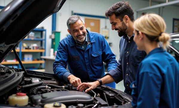 Indian Mechanic Explaining Car Repair Process to Couple at Garage Workshop - Powered by Adobe