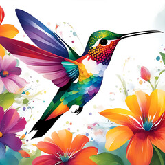 Obraz premium Little bird Hummingbird close-up with a flowers painted on a light background abstract decorative painting