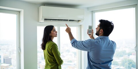 Indian Male Technician Explains Air Conditioner Functions to Female Client at Home