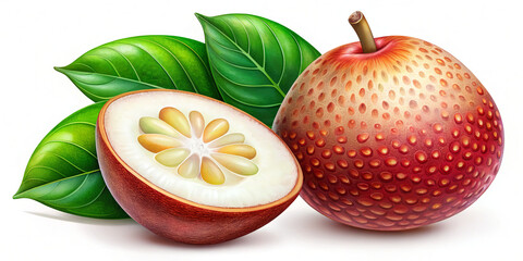 Fresh mabolo fruit with vibrant red skin and creamy interior, accompanied by green leaves, showcases its unique texture and color. This illustration captures essence of this exotic fruit beautifully