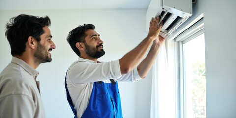 Indian Male Technician Assisting Homeowner with Air Conditioner Operation and Repairs