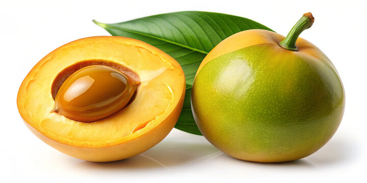 Fresh lucuma fruit with vibrant green exterior and golden, creamy interior. fruit is known for its unique flavor and nutritional benefits, making it popular choice in desserts and smoothies