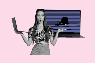 Composite collage image of young female online internet fraud spying hacker problem social media...
