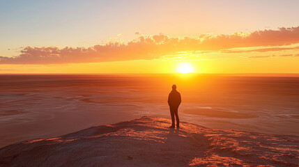 Fototapeta premium Solitude at sunset: silhouette watching vibrant horizon on desert dunes