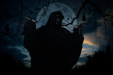 Grim reaper standing over cross, church, crow, bat, birds, dead tree, full moon and sunset sky,...
