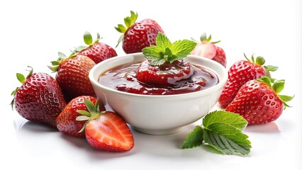 Bowl with strawberry jam and fresh strawberries on white background