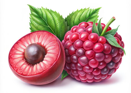 Juicy raspberry and half of riberry with vibrant green leaves create fresh and colorful display. This illustration captures essence of natures bounty beautifully