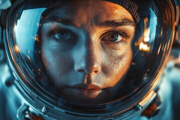 A close up of an astronauts face, eyes reflecting through the glass of a space helmet