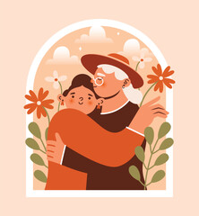 Grandmother hugs her granddaughter. Naive illustration with senior woman and girl, they stands and hugging among flowers, plants in garden. Cute clip art in window frame. Cartoon characters.