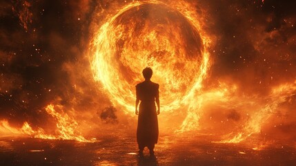 A close-up of surrealism, with a powerful character standing in the center surrounded by flames and energy. Fierce and resolute expression, accompanied by dramatic light and shadow