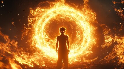Obraz premium A close-up of surrealism, with a powerful character standing in the center surrounded by flames and energy. Fierce and resolute expression, accompanied by dramatic light and shadow
