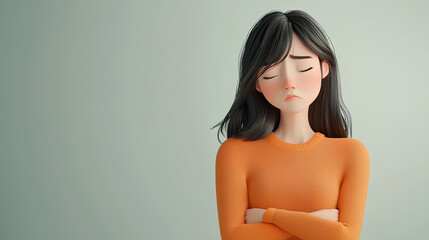 Fototapeta premium A 3D illustration of a sad cartoon woman with long black hair, wearing an orange sweater and arms crossed.