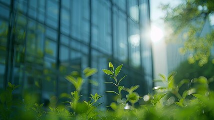 Green Shoots Emerging Against a Blurred Glass Building Background