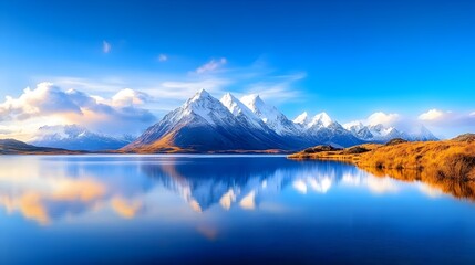 Majestic Snow Capped Peaks Reflected in Serene Alpine Lake Panorama