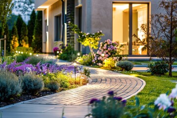 A pathway with a lighted post and purple flowers,generative ai image