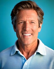Obraz premium A realistic portrait of a 55-year-old man with soft brown hair, styled naturally, set against a blue background, showcasing confidence and warmth - generative ai