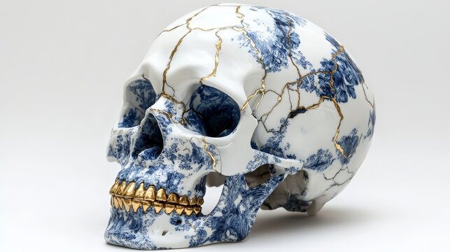 The finely restored human skull is made of Lisbon white and blue porcelain, showcasing detailed gold repair techniques. Front view, with a white background