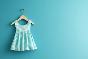 Charming toddler dress hanging on a wooden hanger against a teal wall