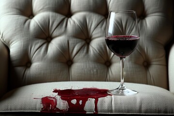 Close up of a glass of red wine spilling on a white sofa with visible stains and marks