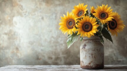 A vintage vase filled with sunflowers was displayed, with a simple white wall as the background. The flower has a delicate texture, soft colors, and a retro style composition.